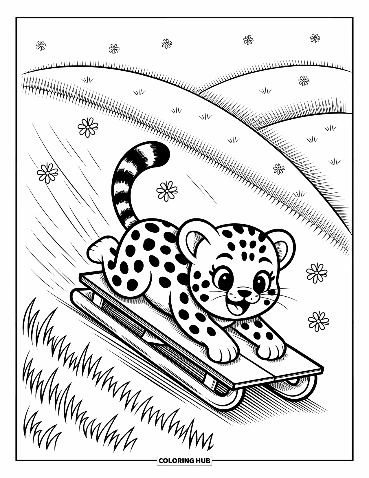 Cheetah Coloring Page for Adults: A baby cheetah zooms down a grassy hill on a sled, surrounded by playful daisies