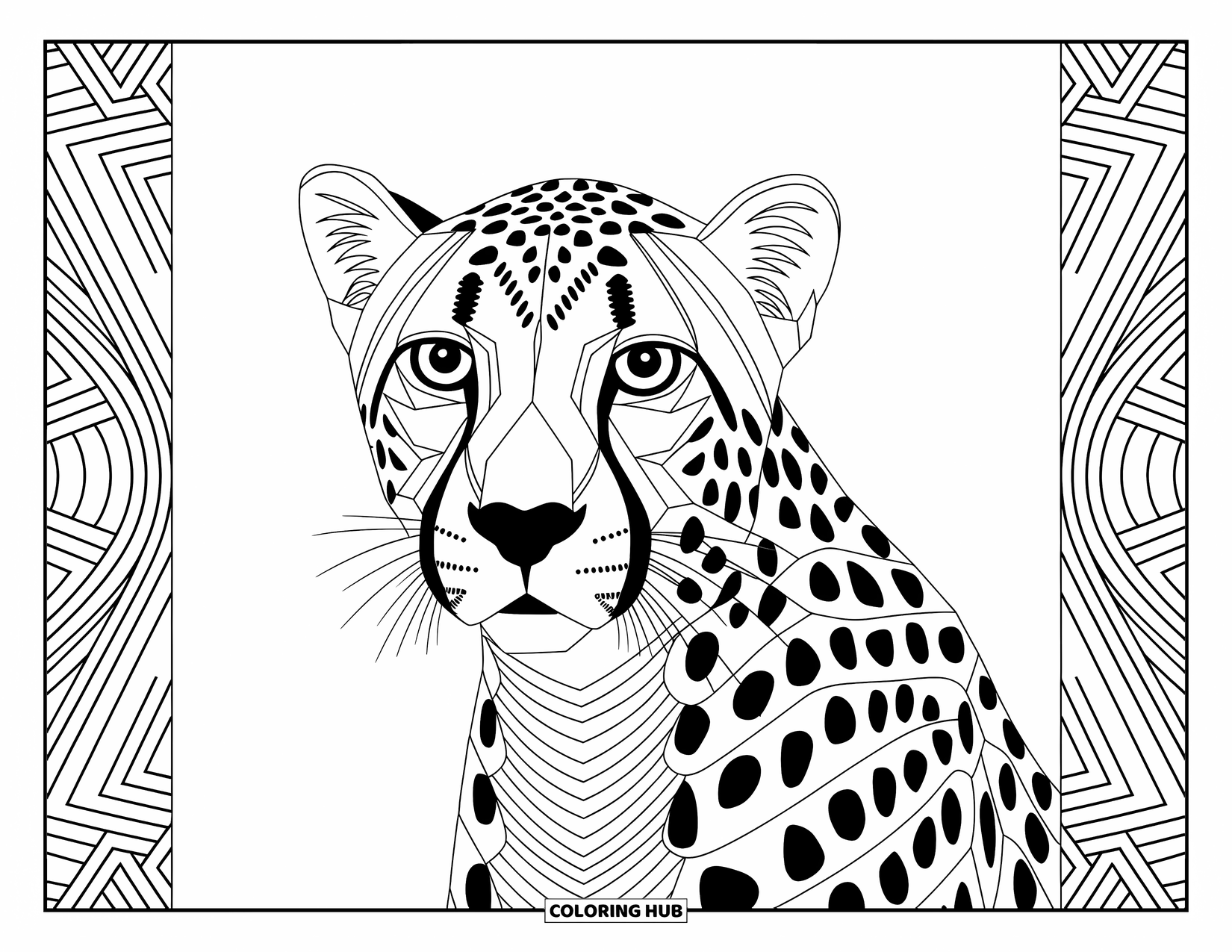 Cheetah Coloring Page for Adults: A bold cheetah face crafted from layered patterns shines in a detailed geometric style