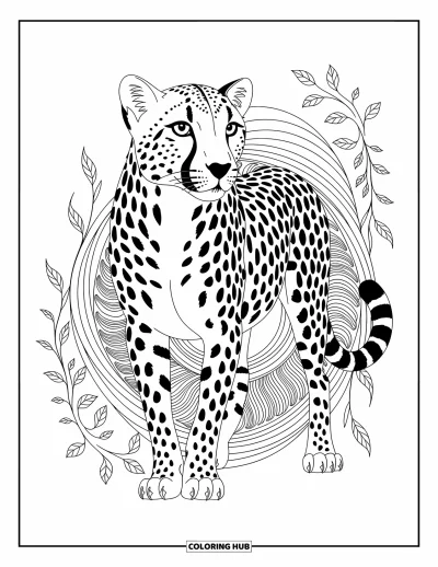 Coloriage Guépard pour adultes : Un guépard audacieux se repose dans un mélange de mandalas tourbillonnants et de délicats motifs de vigne