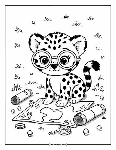 Coloriage Guépard pour adultes : Un joyeux bébé guépard avec des lunettes regarde une carte, prêt pour une aventure mignonne