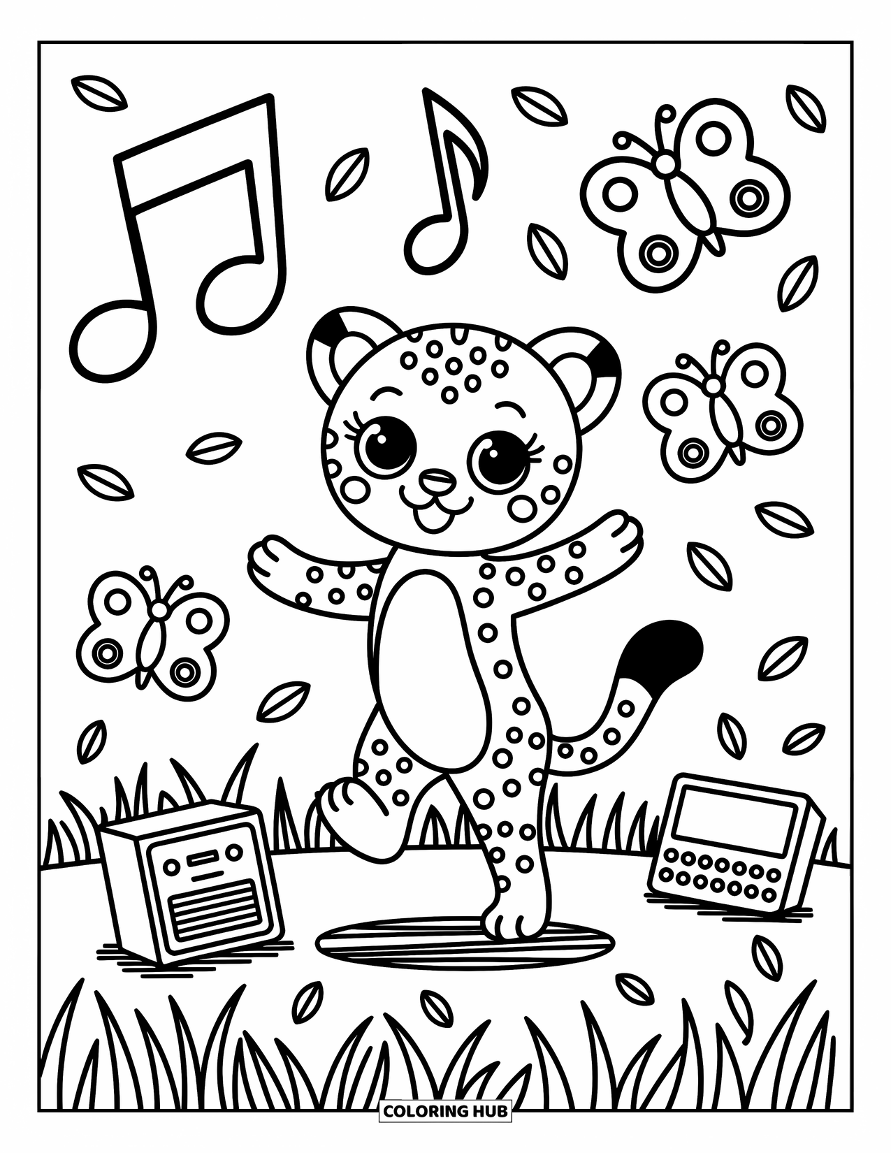 Cheetah Coloring Page for Adults: A cheerful cheetah dances among big musical notes, flower petals, and fluttering butterflies