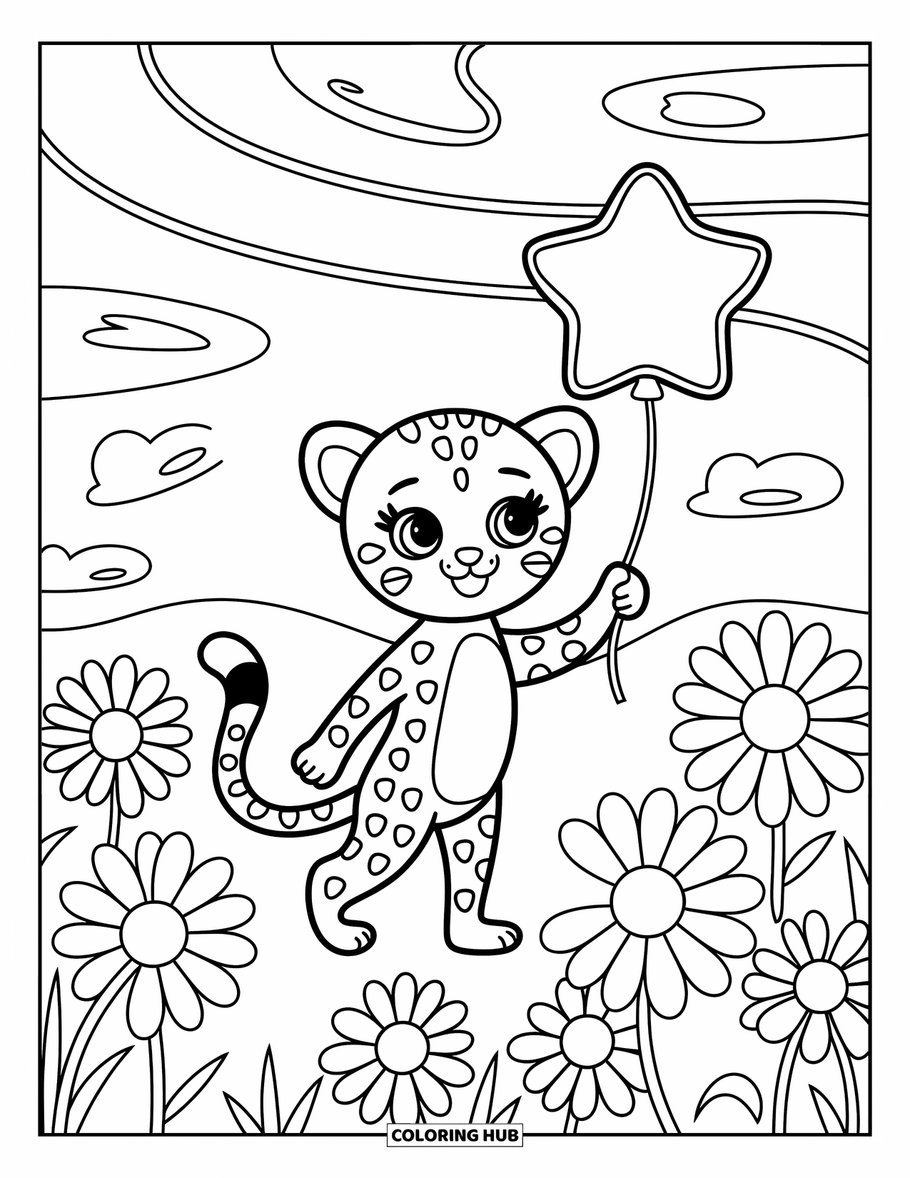 Cheetah Coloring Page for Adults: A cheerful cheetah holds a star balloon while standing in a dreamy field of daisies