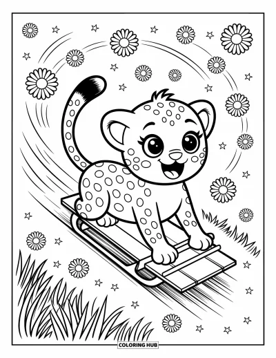 Coloriage Guépard pour adultes : Un guépard joyeux descend une colline en luge alors que des marguerites et du vent tourbillonnent avec joie