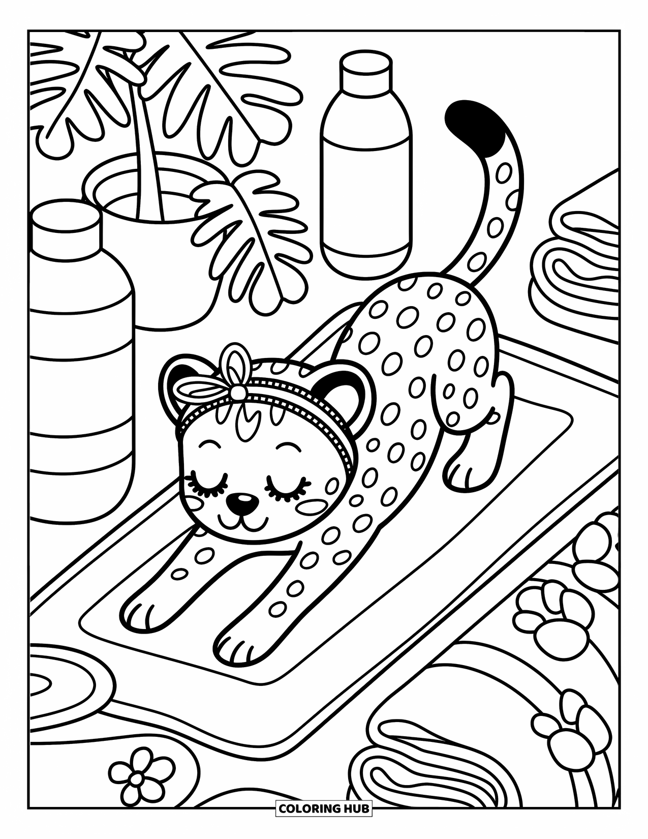 Cheetah Coloring Page for Adults: A cheerful cheetah with a ribbon enjoys a calm stretch near plants, towels, and water bottles