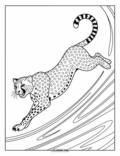 Coloriage Guépard pour adultes : Un guépard en plein bond est enveloppé de motifs tourbillonnants et de contours nets et audacieux