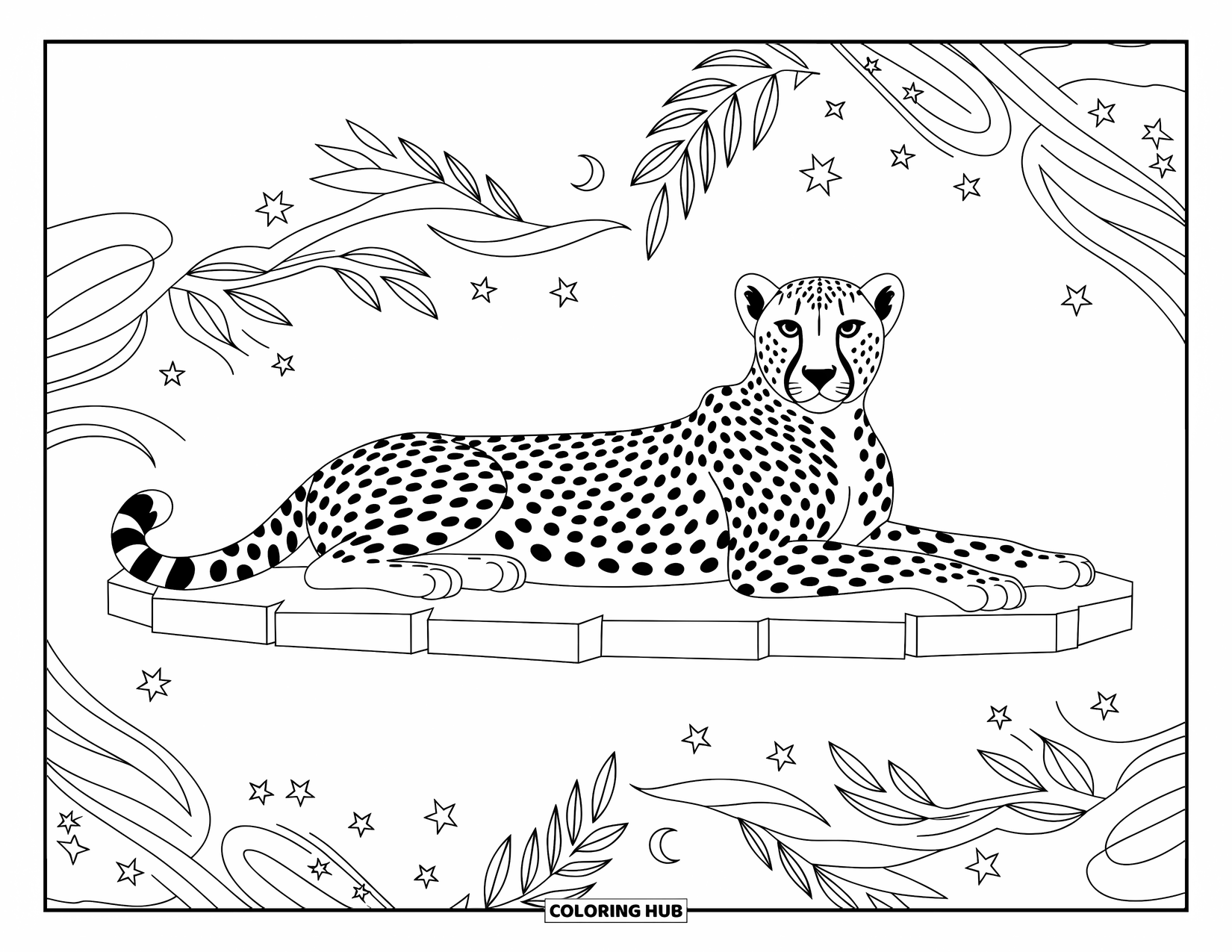 Cheetah Coloring Page for Adults: A cheetah rests on a stone slab, surrounded by stars, moons, and leafy swirls
