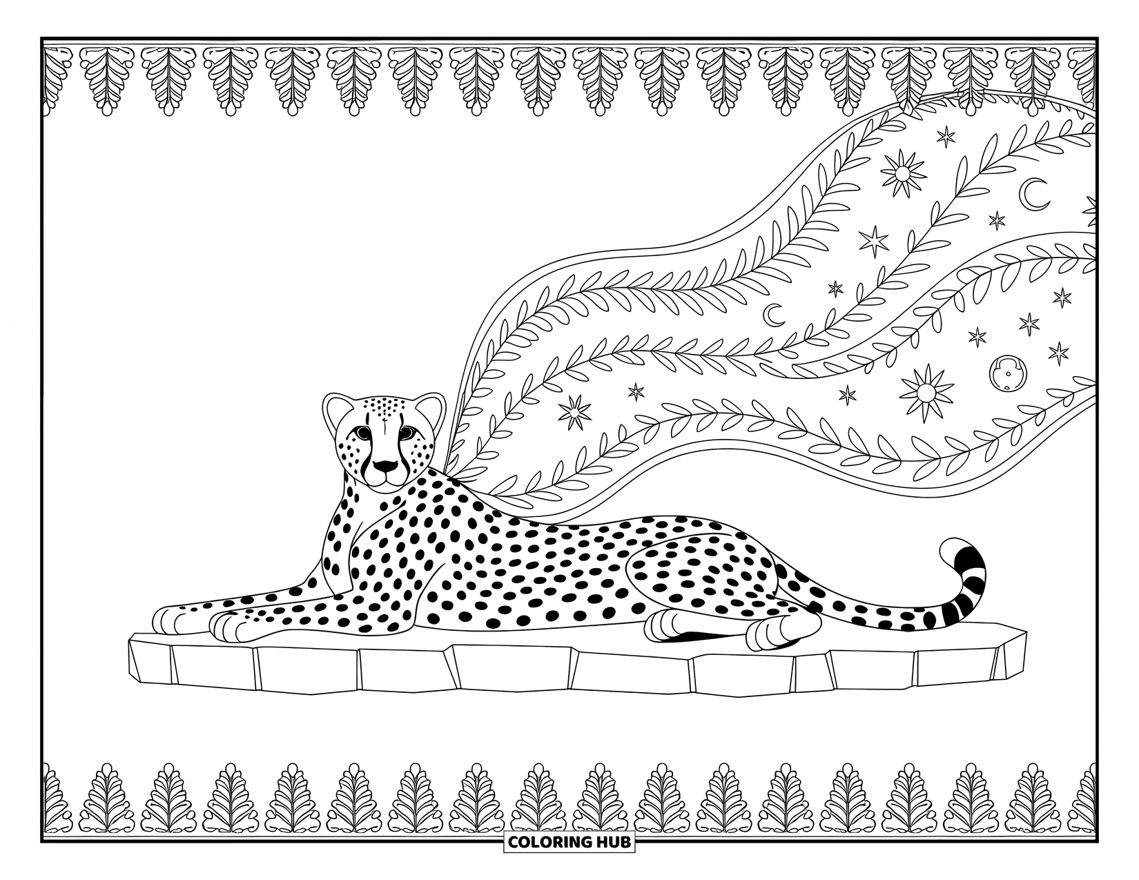 Cheetah Coloring Page for Adults: A cheetah rests on a stone slab surrounded by stars, moons, and swirling leaves