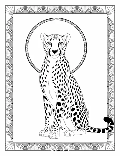 Coloriage Guépard pour adultes : Un guépard est assis sous un halo détaillé, encadré par de gracieux motifs et bordures zentangle
