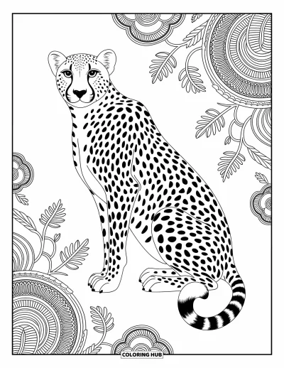 Coloriage Guépard pour adultes : Un guépard avec des taches élégantes est entouré de vignes élégantes et de formes de mandala tourbillonnantes
