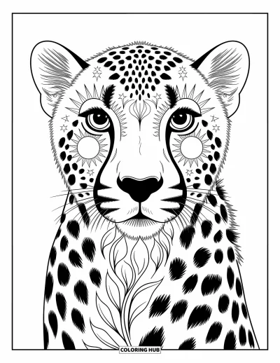 Coloriage Guépard pour adultes : Le visage d’un guépard se fond dans des soleils et des feuilles tourbillonnants avec des détails calmes et complexes