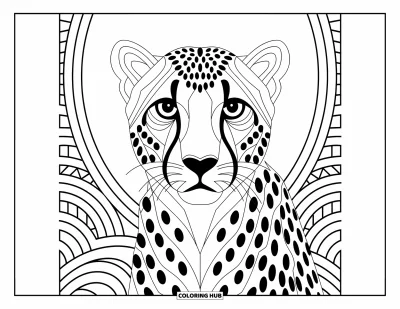 Coloriage Guépard pour adultes : Le visage d’un guépard formé de formes imbriquées se démarque dans une disposition géométrique audacieuse