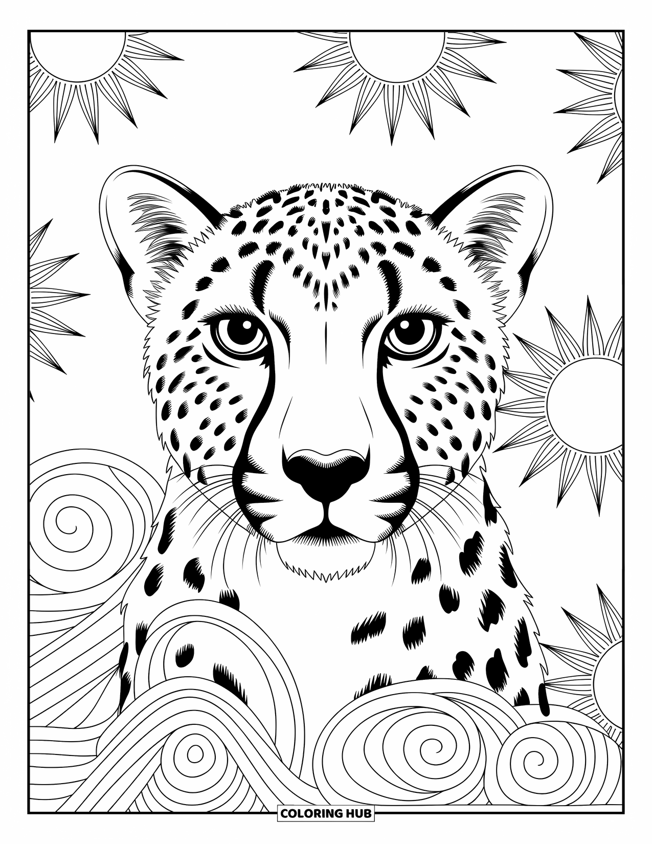 Cheetah Coloring Page for Adults: A cheetah's face melts into sunbursts and leafy spirals in a soothing style