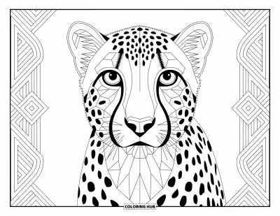Coloriage Guépard pour adultes : Une tête de guépard faite de formes géométriques remplit la page avec un design net et superposé