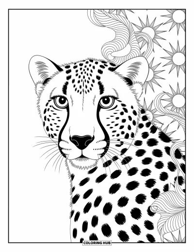Coloriage Guépard pour adultes : Les traits saisissants d’un guépard s’estompent dans un tourbillon de soleils et de boucles feuillues