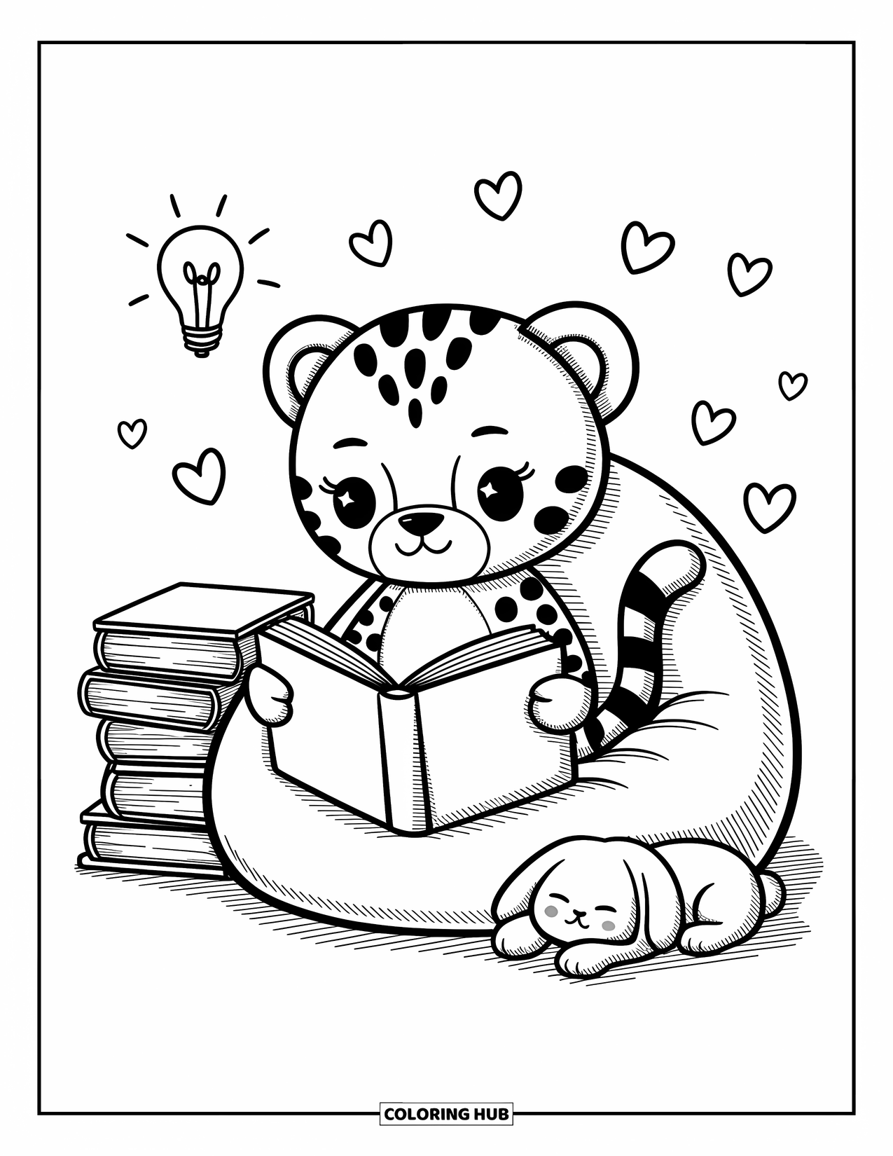 Cheetah Coloring Page for Adults: A chibi cheetah enjoys a book on a beanbag, with floating hearts and a snuggly bunny