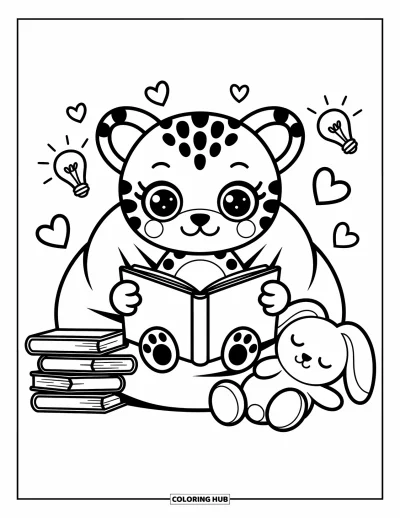 Coloriage Guépard pour adultes : Un guépard chibi lit un livre d’histoires sur un pouf, avec des livres et un lapin endormi à proximité