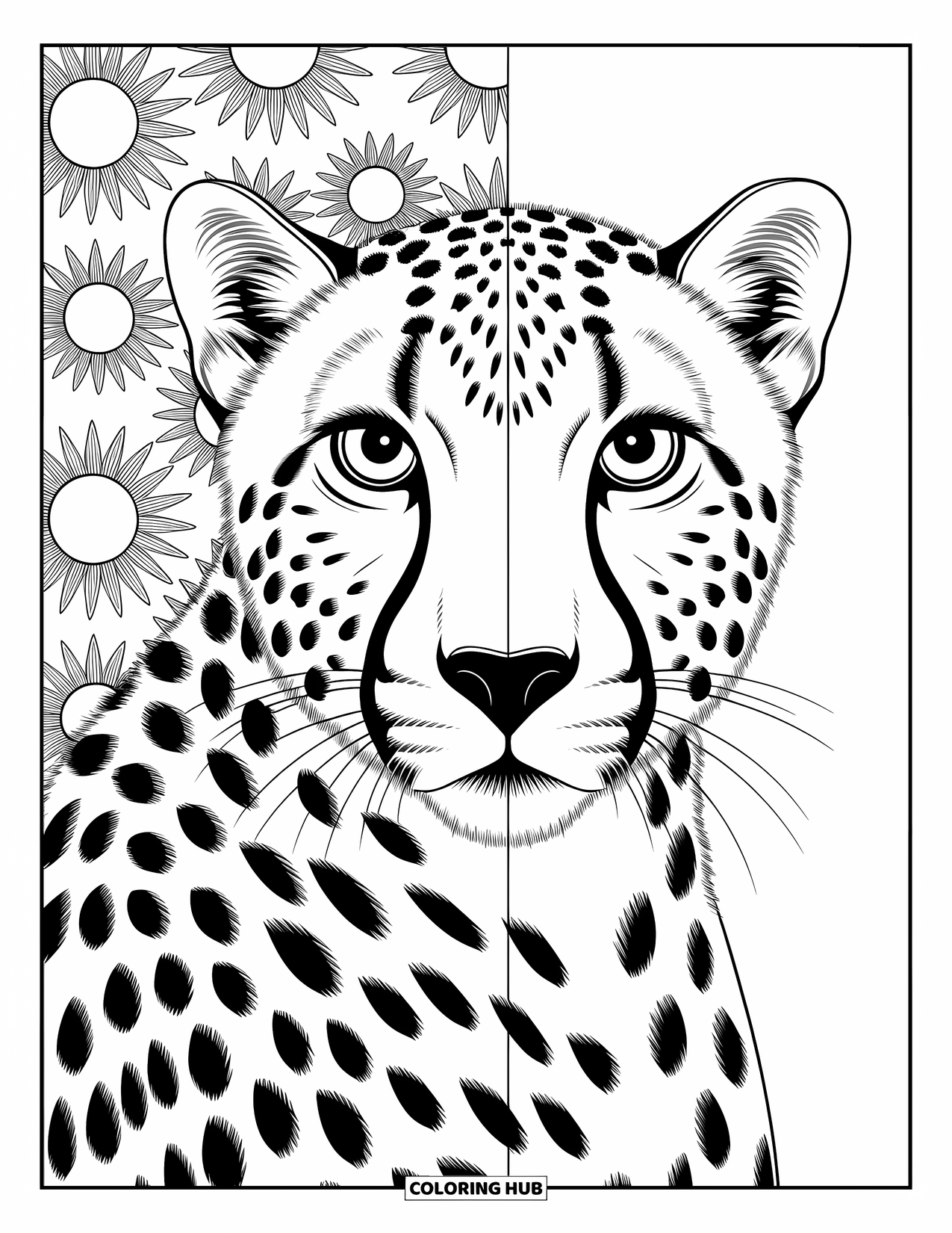Cheetah Coloring Page for Adults: A close-up cheetah face flows into suns and leaves in a graceful, clean-lined design