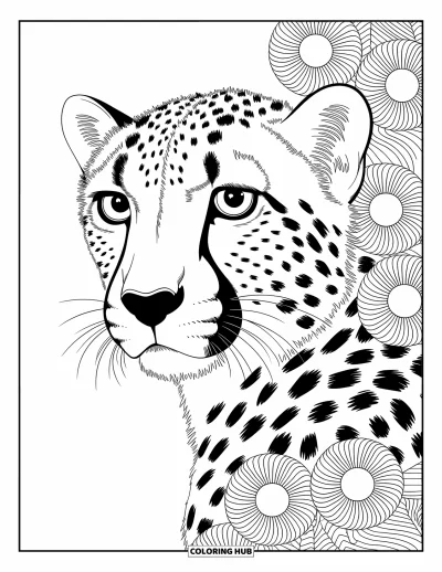 Coloriage Guépard pour adultes : Un visage de guépard en gros plan entouré de motifs célestes et feuillus fluides