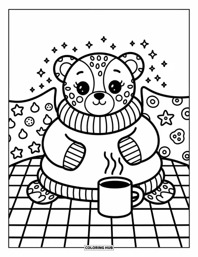Coloriage Guépard pour adultes : Un guépard confortable dans un pull est assis avec une tasse fumante et des oreillers étoilés tout autour