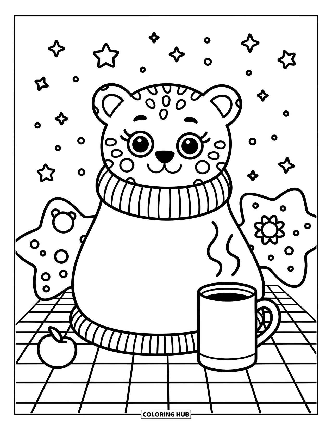Cheetah Coloring Page for Adults: A cozy cheetah sits in an oversized sweater, surrounded by sparkles and playful pillows