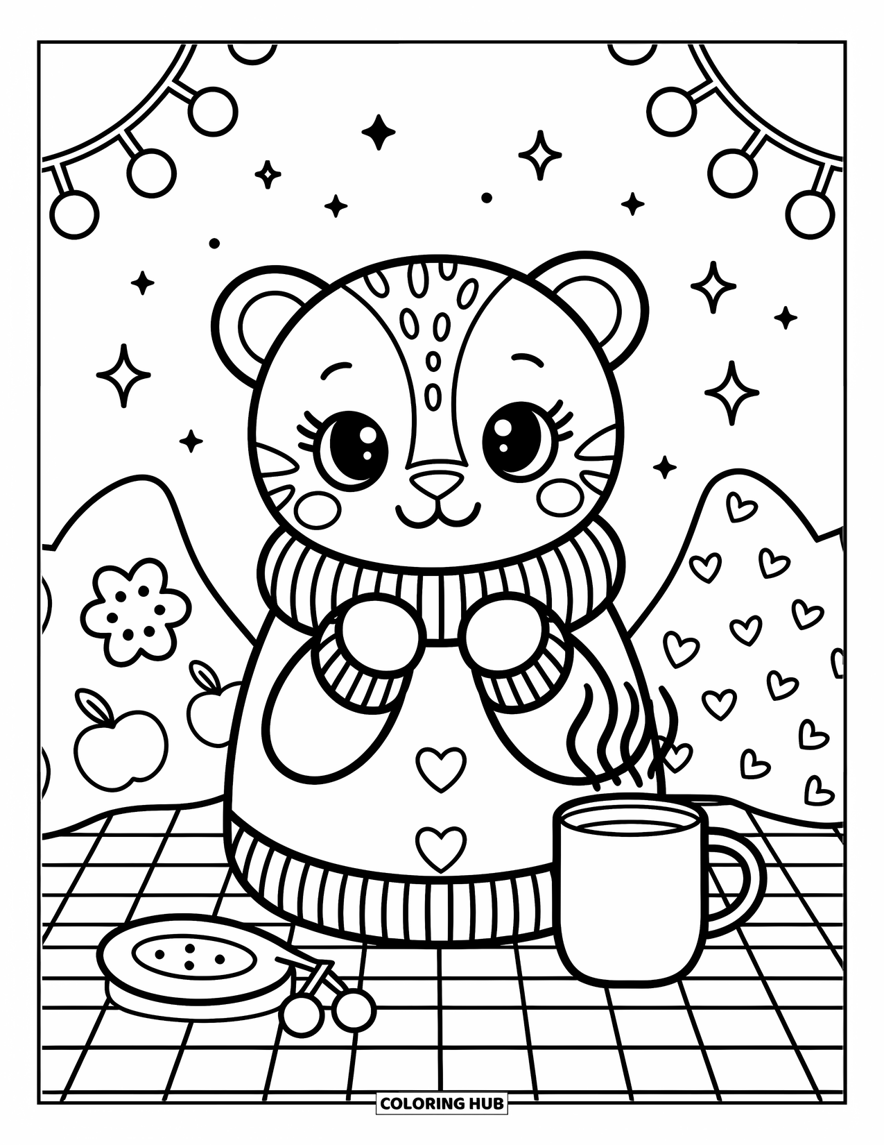 Cheetah Coloring Page for Adults: A cuddly cheetah sits in a sweater with a warm drink, surrounded by soft, playful pillows