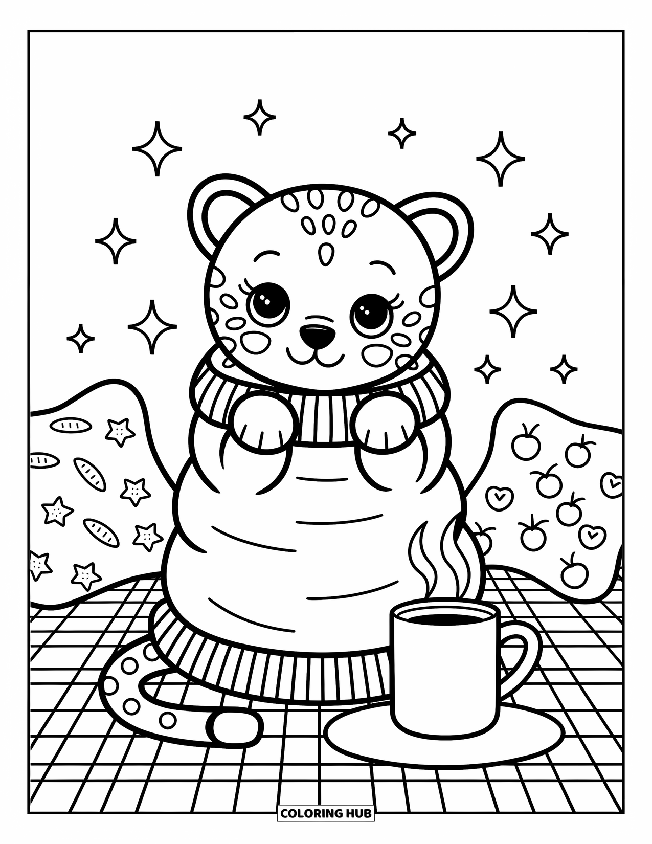 Cheetah Coloring Page for Adults: A cuddly cheetah snuggles in a sweater with a warm drink and star-shaped pillows nearby