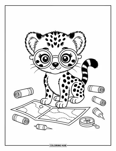 Coloriage Guépard pour adultes : Un curieux bébé guépard avec de grosses lunettes étudie une carte, entouré de parchemins et de petites épingles