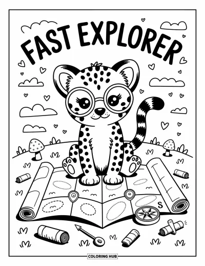 Coloriage Guépard pour adultes : Un curieux bébé guépard avec de grosses lunettes étudie une carte avec des parchemins, des épingles et une boussole
