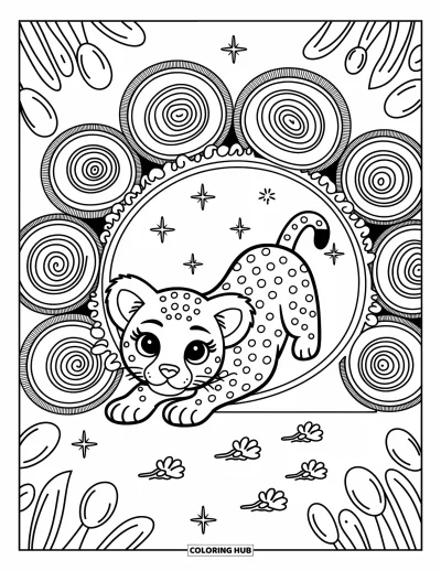 Coloriage Guépard pour adultes : Un guépard curieux sort d’un tunnel de tapis d’herbe, laissant une traînée d’empreintes de pattes derrière lui