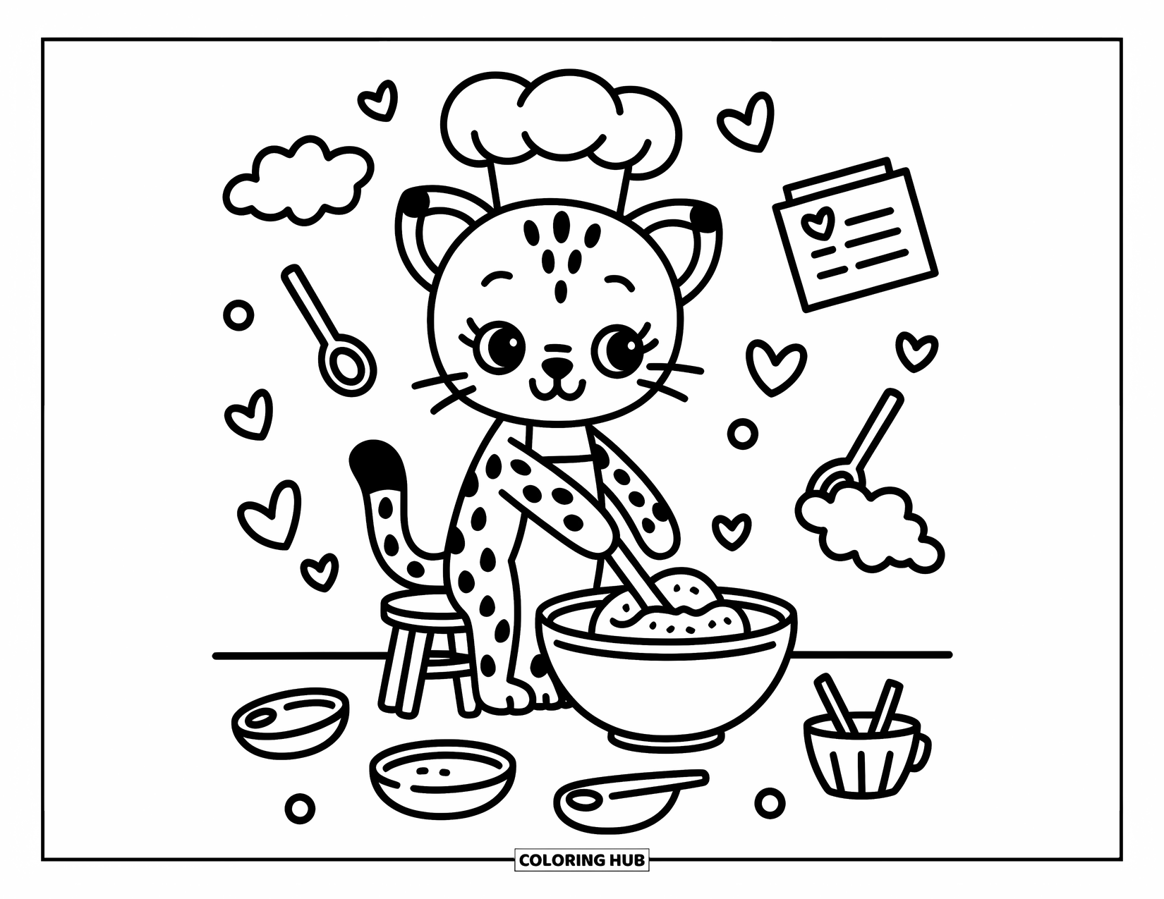 Cheetah Coloring Page for Adults: A cute cheetah in a chef hat stirs cookie dough, surrounded by spoons and happy flour clouds
