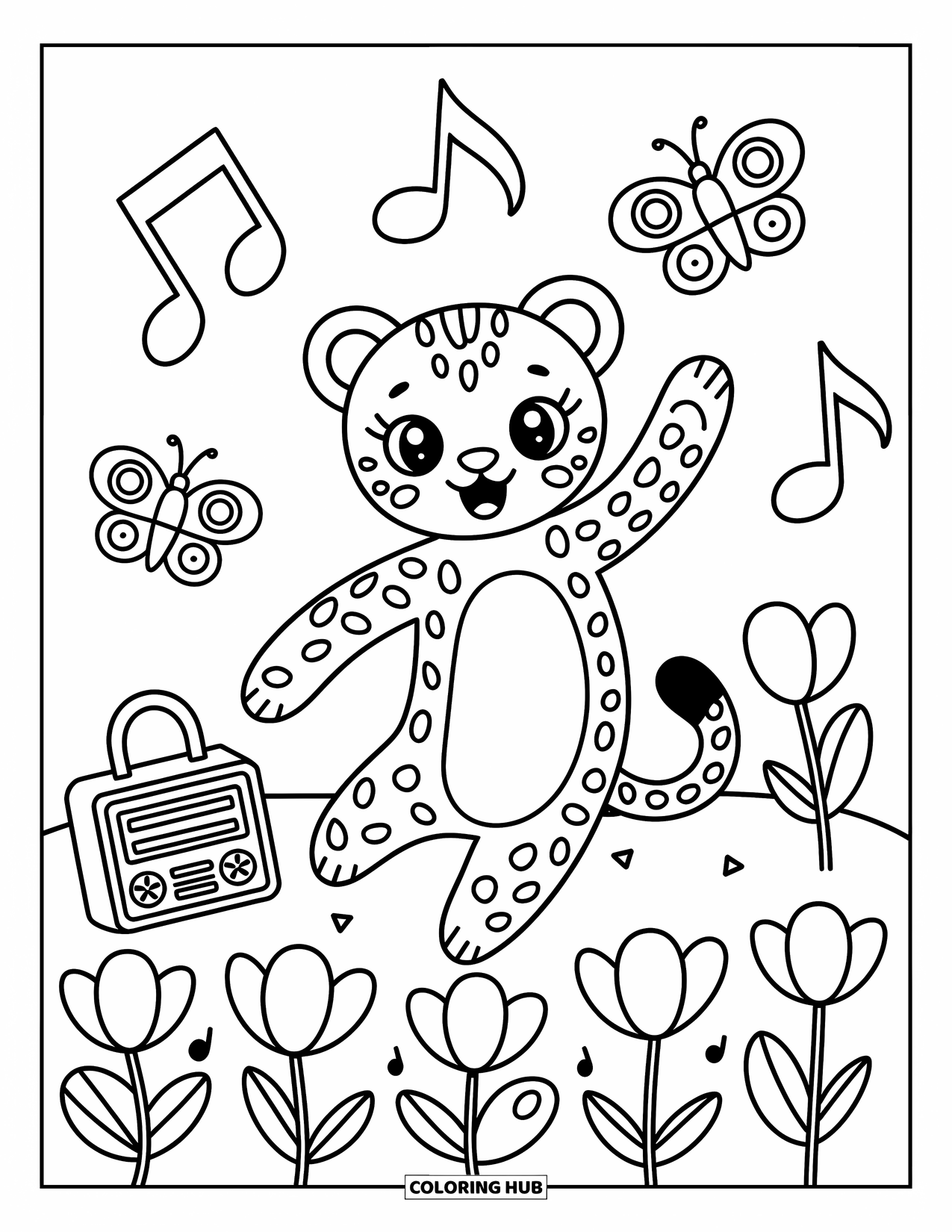 Cheetah Coloring Page for Adults: A dancing cheetah moves through swirling petals, music notes, and graceful butterflies