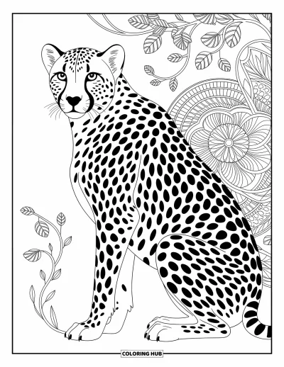 Coloriage Guépard pour adultes : Un guépard détaillé se dresse parmi des mandalas tourbillonnants et des vignes naturelles fluides