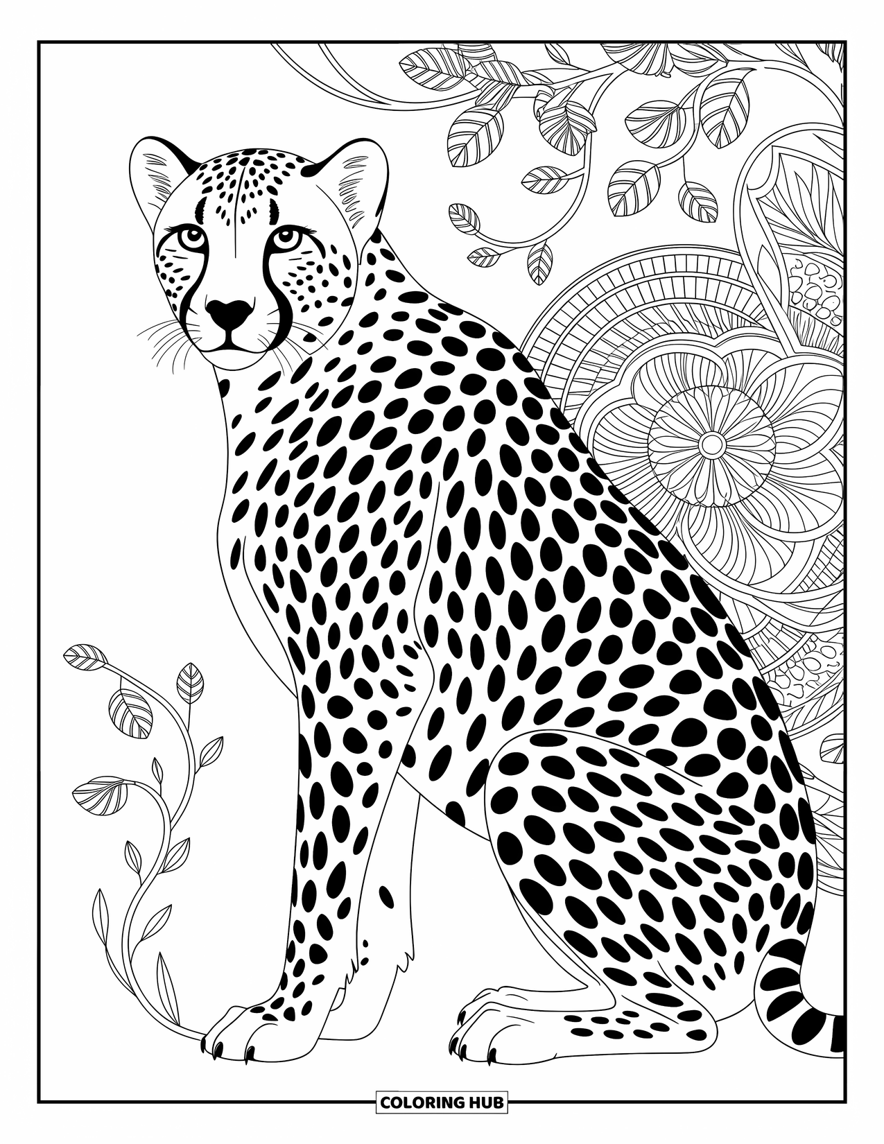 Cheetah Coloring Page for Adults: A detailed cheetah stands among swirling mandalas and flowing natural vines