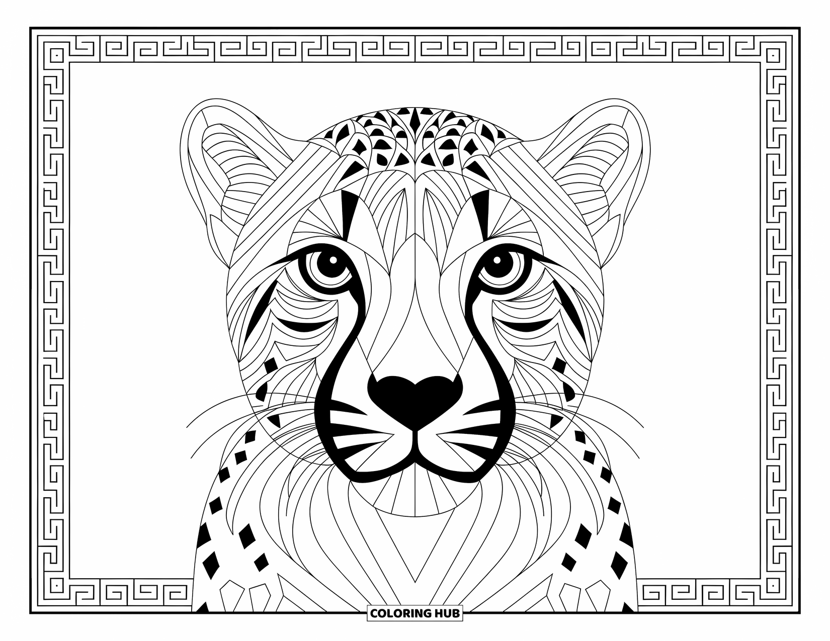 Cheetah Coloring Page for Adults: A geometric cheetah head is framed by intricate shapes and crisp, elegant linework