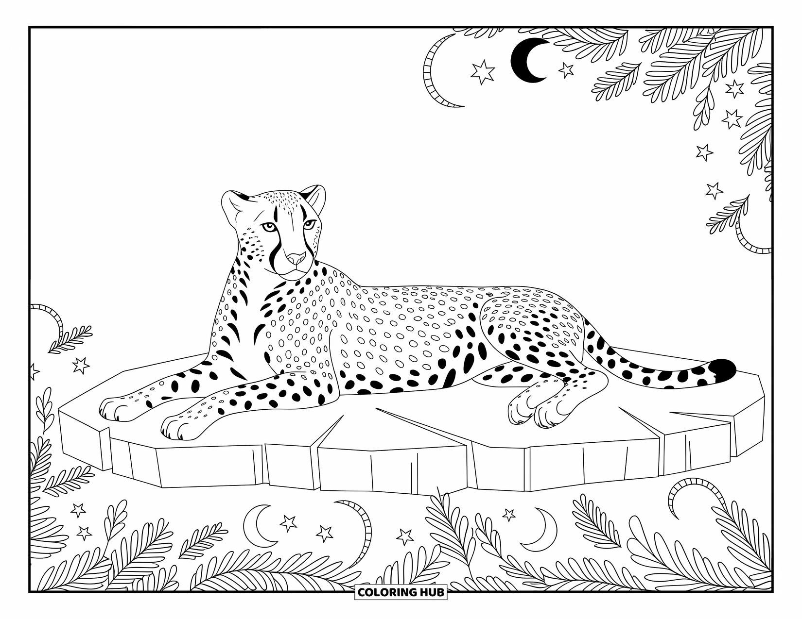 Cheetah Coloring Page for Adults: A graceful cheetah lies on a stone slab wrapped in elegant celestial and leafy patterns