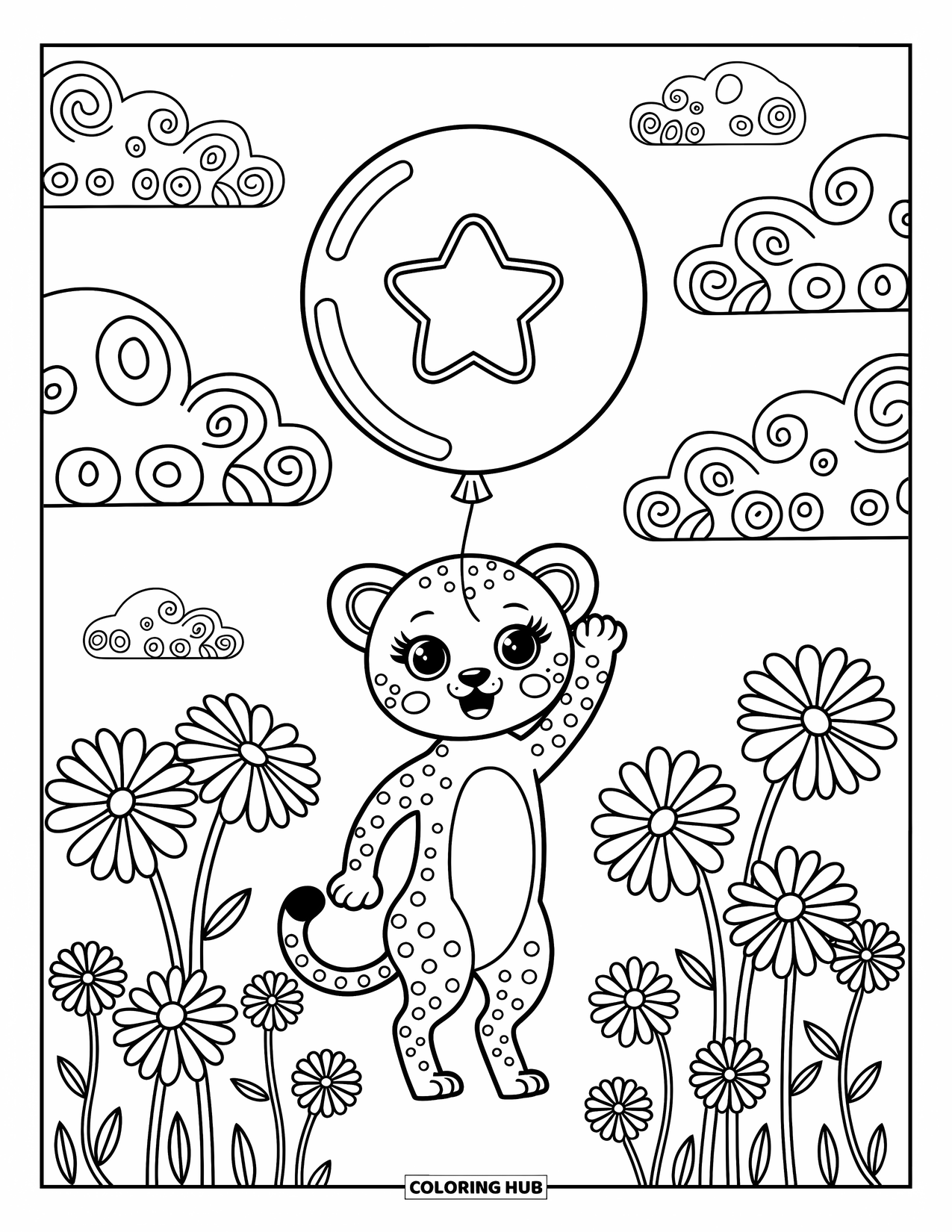 Cheetah Coloring Page for Adults: A happy cheetah on tiptoes holds a star balloon in a field of giant daisies