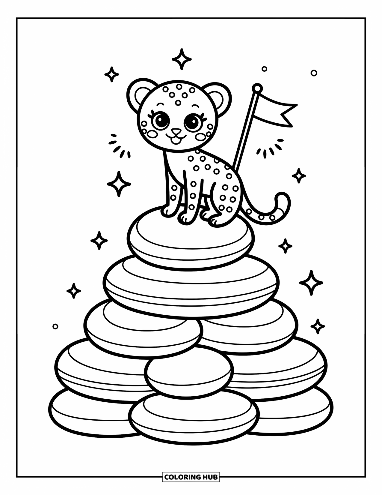 Cheetah Coloring Page for Adults: A happy cheetah reaches the top of cushion mountain, celebrating with sparkles and motion lines