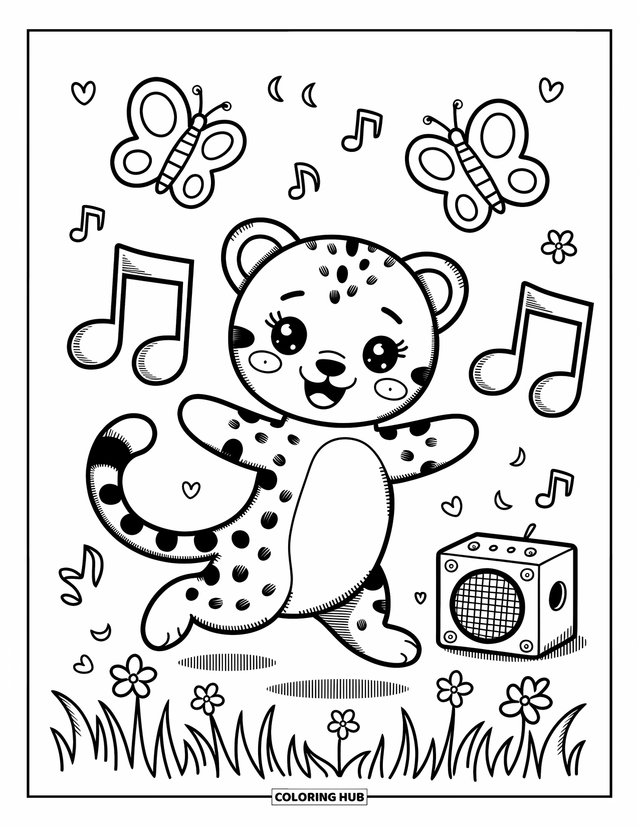 Cheetah Coloring Page for Adults: A happy cheetah twirls in a field of music, petals, and two gentle butterflies