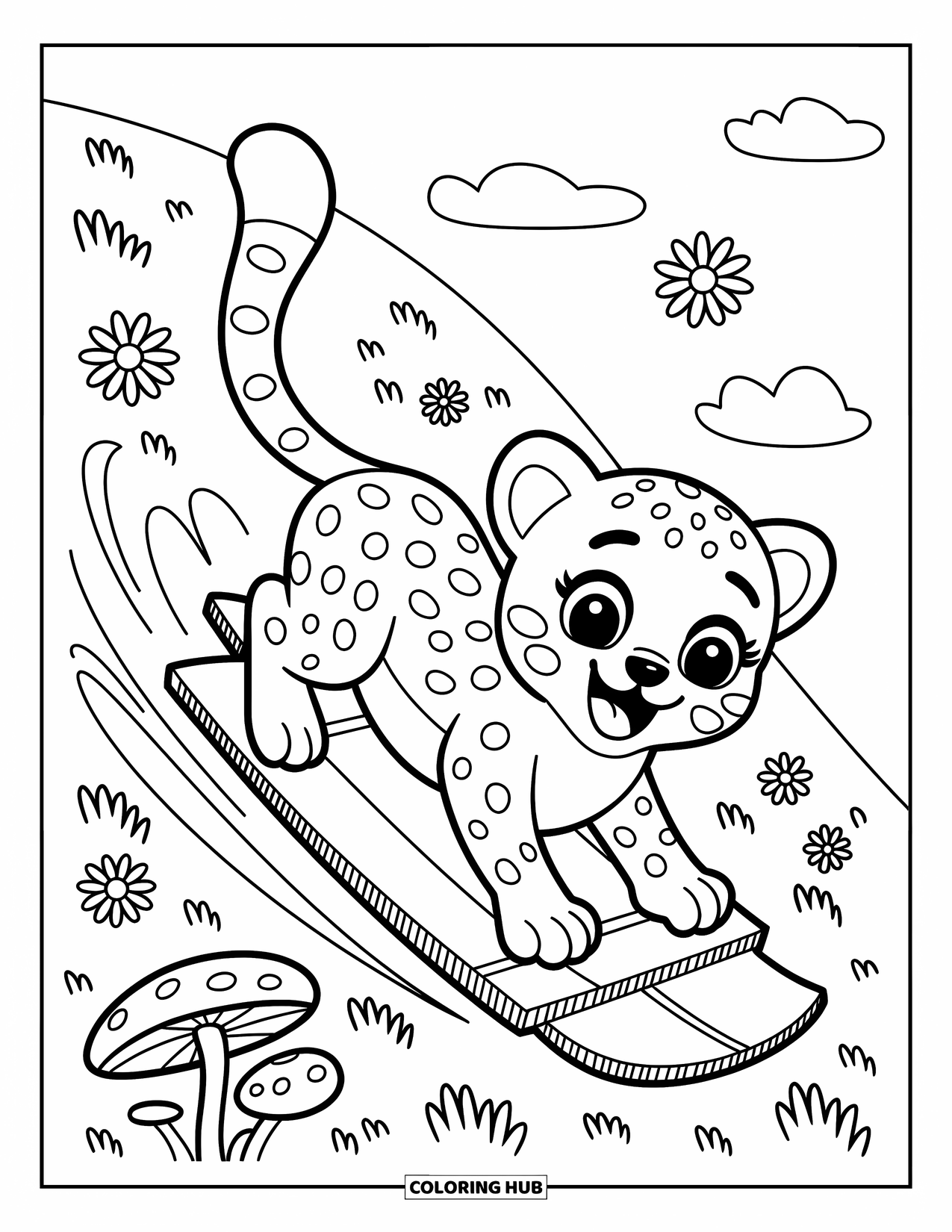 Cheetah Coloring Page for Adults: A joyful baby cheetah slides down a hill on a cardboard sled with daisies flying by