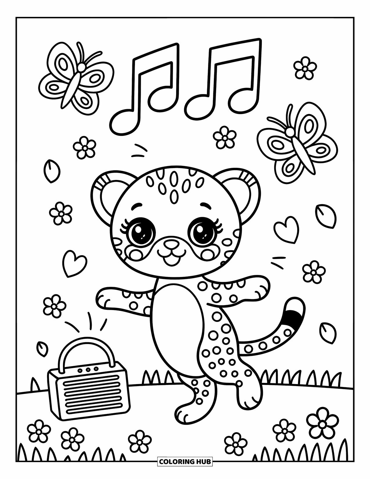Cheetah Coloring Page for Adults: A joyful cheetah dances in a magical field with butterflies, petals, and floating notes