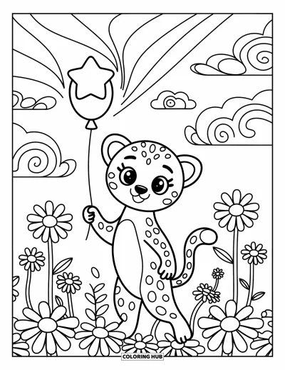 Coloriage Guépard pour adultes : Un guépard joyeux dans un champ de marguerites tient doucement un ballon étoile sous un ciel magique