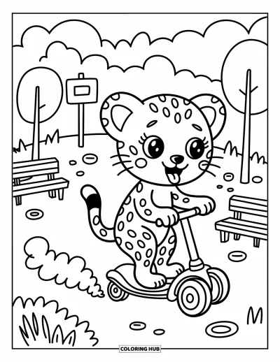 Coloriage Guépard pour adultes : Un guépard joyeux passe devant des cailloux et des panneaux sur une trottinette dans une scène de parc amusante