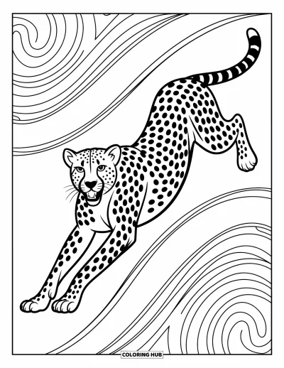 Coloriage Guépard pour adultes : Un guépard sautant se déplace à travers des lignes audacieuses et des tourbillons complexes dans un design gracieux