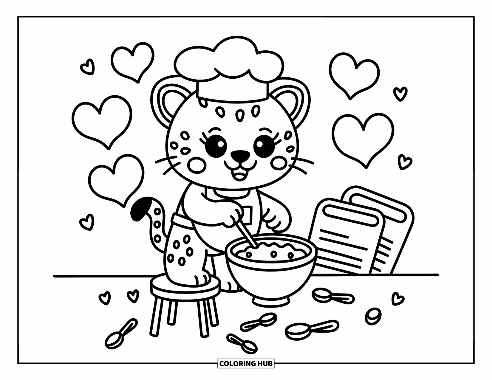 Cheetah Coloring Page for Adults: A kawaii cheetah in a chef hat stirs cookie dough beside tiny spoons and recipe cards