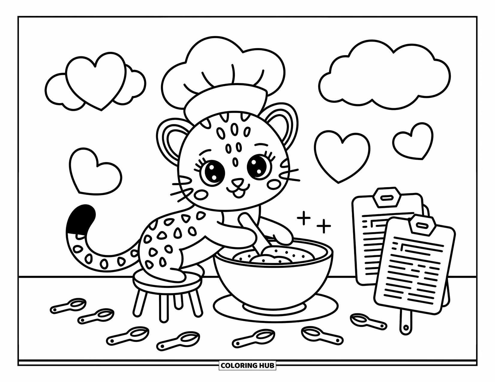 Cheetah Coloring Page for Adults: A kawaii cheetah in a chef hat stirs dough beside floating flour hearts and happy recipe cards
