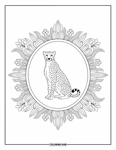 Coloriage Guépard pour adultes : Un guépard majestueux se repose à l’intérieur d’un cadre rempli de détails tribaux et floraux tourbillonnants