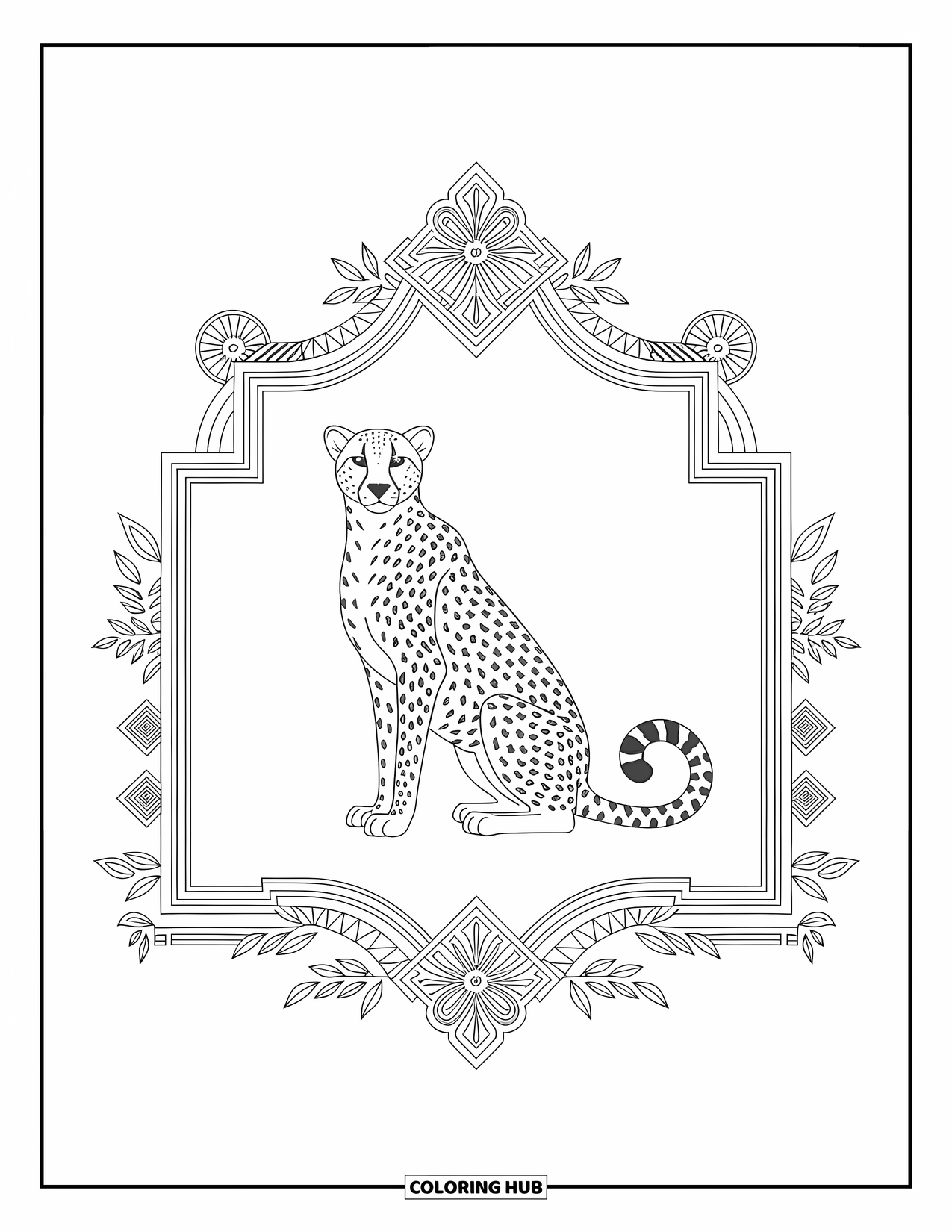 Cheetah Coloring Page for Adults: A noble cheetah sits in a decorative frame surrounded by intricate tribal and floral motifs