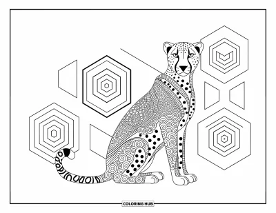 Coloriage Guépard pour adultes : Un guépard à motifs est assis parmi des spirales et des hexagones dans une scène géométrique calme