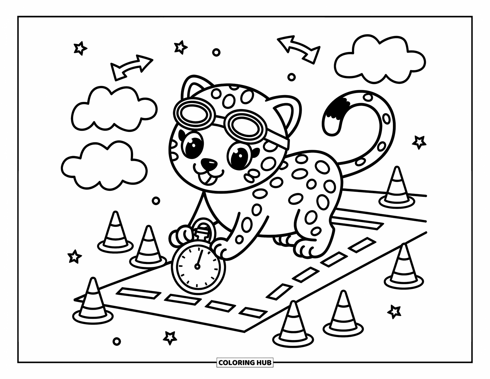 Cheetah Coloring Page for Adults: A playful cheetah in goggles waits at the starting line, stopwatch in hand and clouds swirling