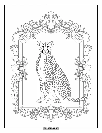 Coloriage Guépard pour adultes : Un guépard royal est assis dans un cadre orné de motifs tribaux et floraux
